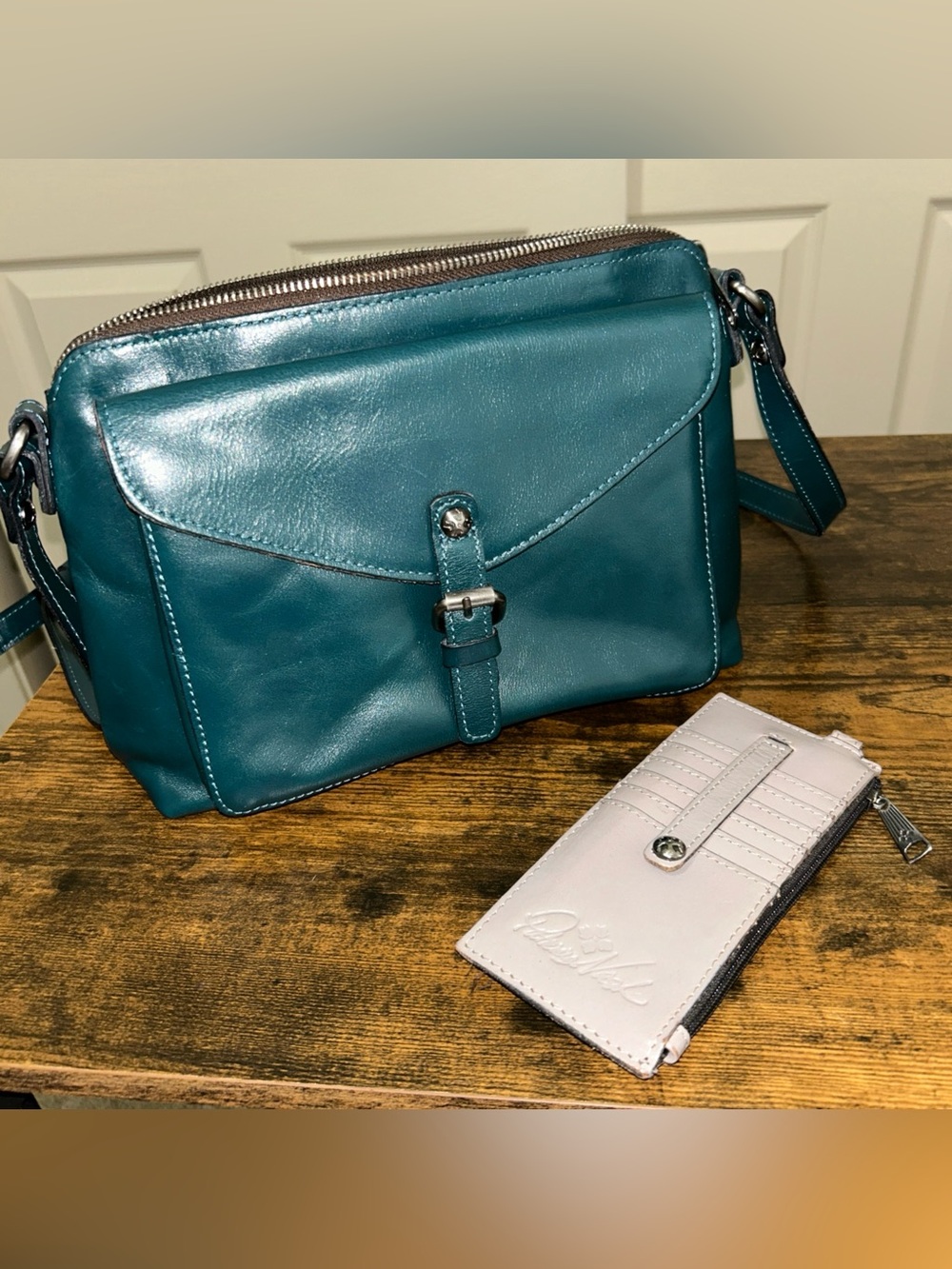 Patricia Nash Avellino Crossbody Organizer Teal Green leather purse Plus Wallet
